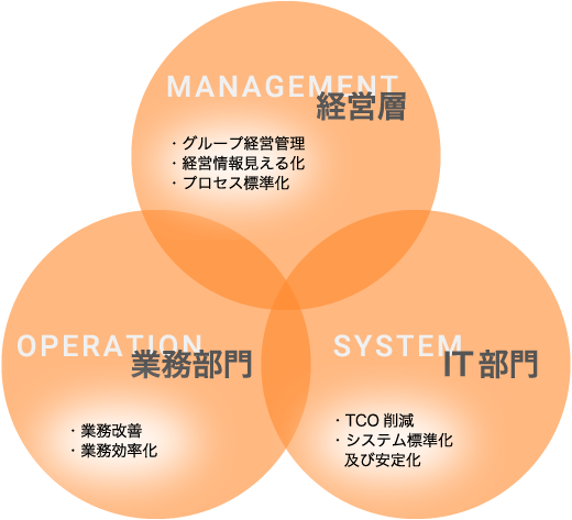 経営層：グループ経営管理、経営情報見える化、プロセス標準化　業務部門：業務改善、業務効率化　IT部門：TCO削減、システム標準化及び安定化